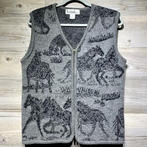 Lisa International Boiled Wool Sweater Vest Gray Horse Vintage Zip-Up Size Small